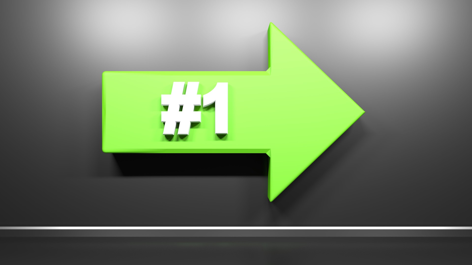 Number One green arrow at black background - 3D rendering illustration